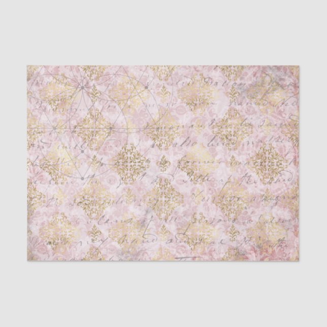Pink Gold Vintage Damask Handwriting Decoupage Tissue Paper (Front)