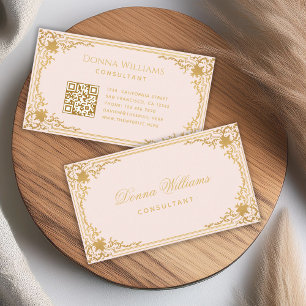 Pink Gold Vintage Elegant Calligraphy QR Code Business Card