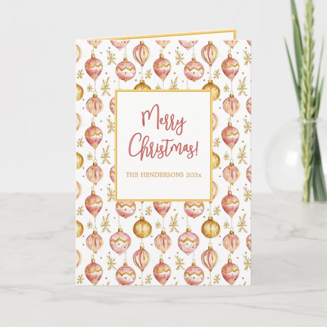 Pink Gold Vintage Ornaments Christmas Holiday Card (Front)