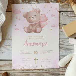 Pink Gold Watercolor Cute Teddy Bear Christening Invitation