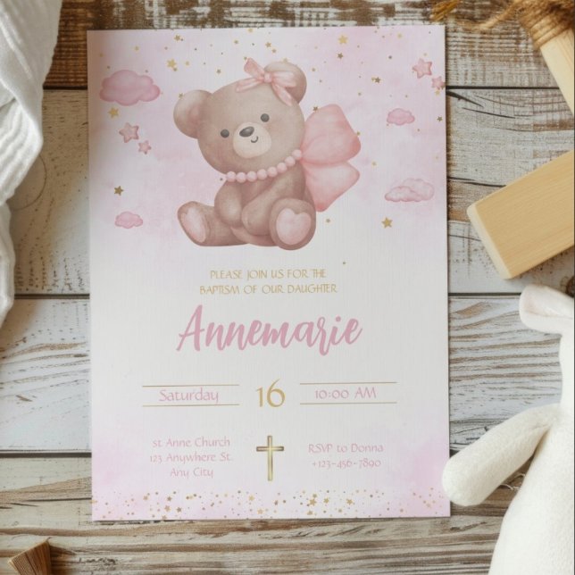 Pink Gold Watercolor Cute Teddy Bear Christening Invitation (Creator Uploaded)