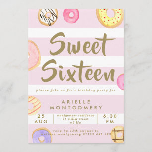 Pink & Gold Watercolor Doughnuts Sweet 16 Party Invitation