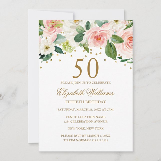 Pink Gold Watercolor Floral 50th Birthday Invitation (Front)