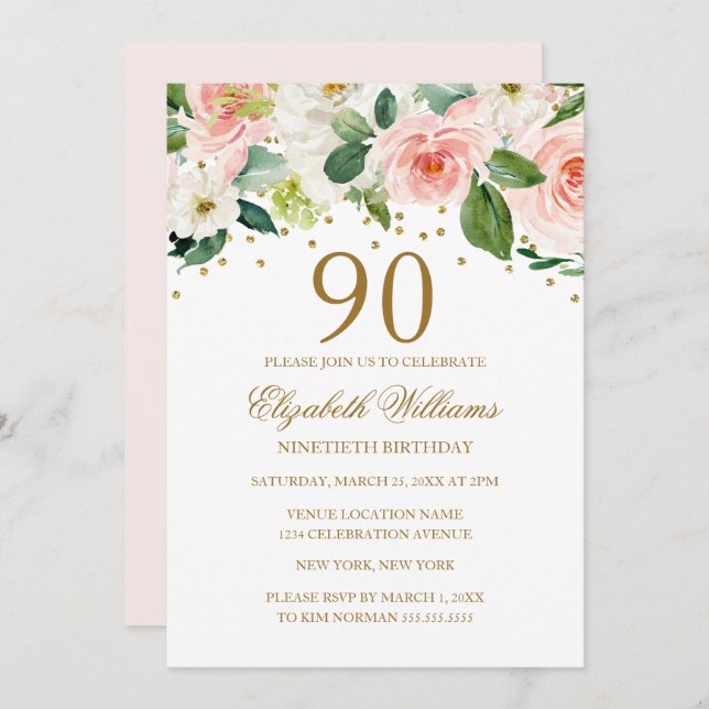 Pink Gold Watercolor Floral 90th Birthday Invitation (Front/Back)