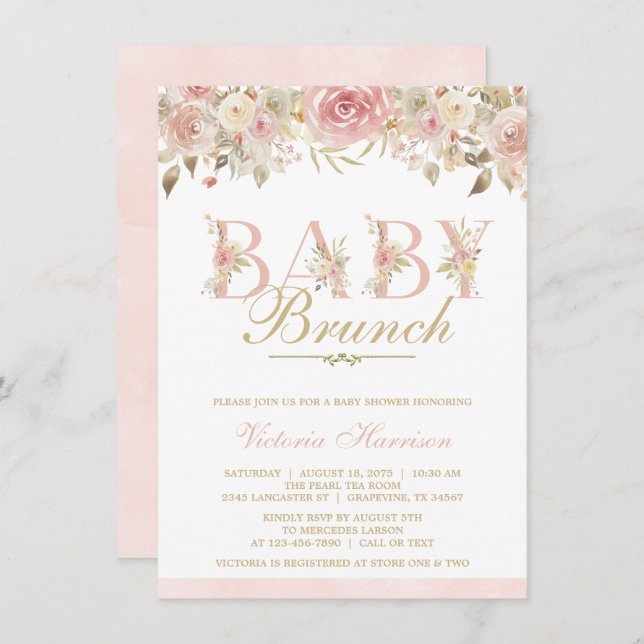 Pink Gold Watercolor Floral Baby Shower Brunch Invitation (Front/Back)