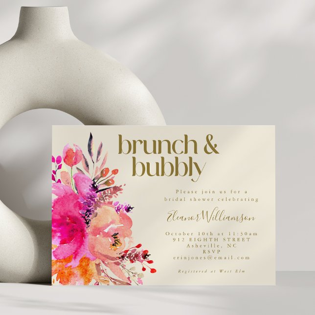Pink Gold Watercolor Floral Bridal Brunch Message Invitation (Creator Uploaded)