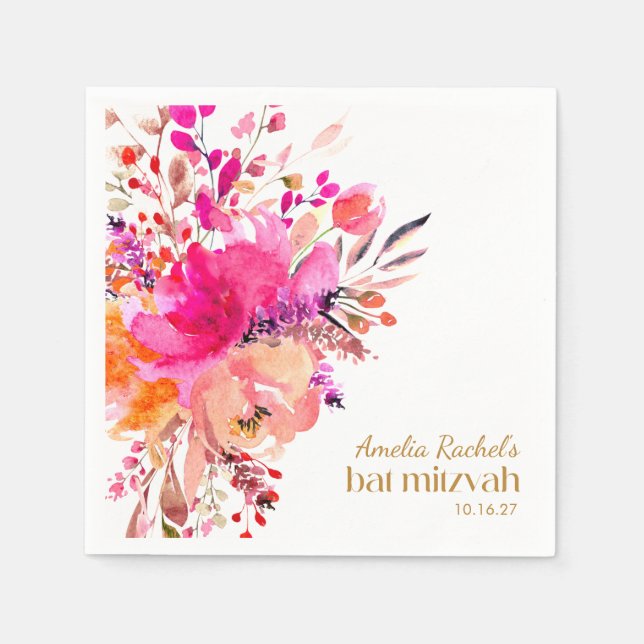 Pink Gold Watercolor Floral Elegant Bat Mitzvah  Napkin (Front)