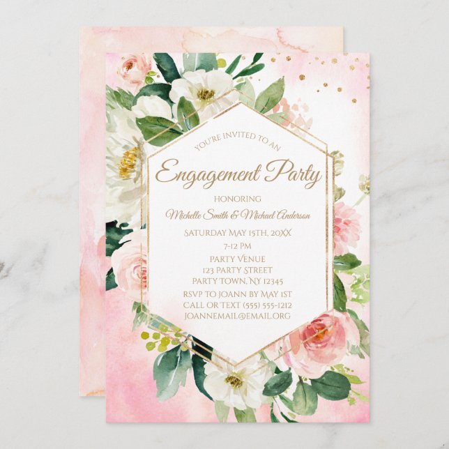 Pink Gold Watercolor Floral Engagement Party Invitation (Front/Back)