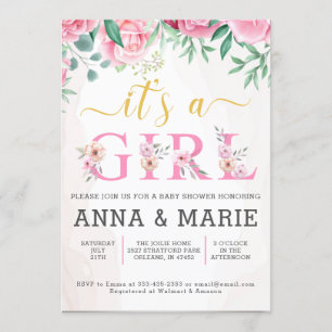 Pink Gold Watercolor Floral Girl Baby Shower Invitation