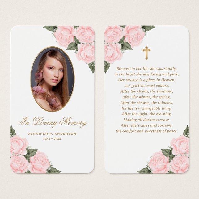 Pink Gold Watercolor Floral Memorial Prayer Card (Front & Back)