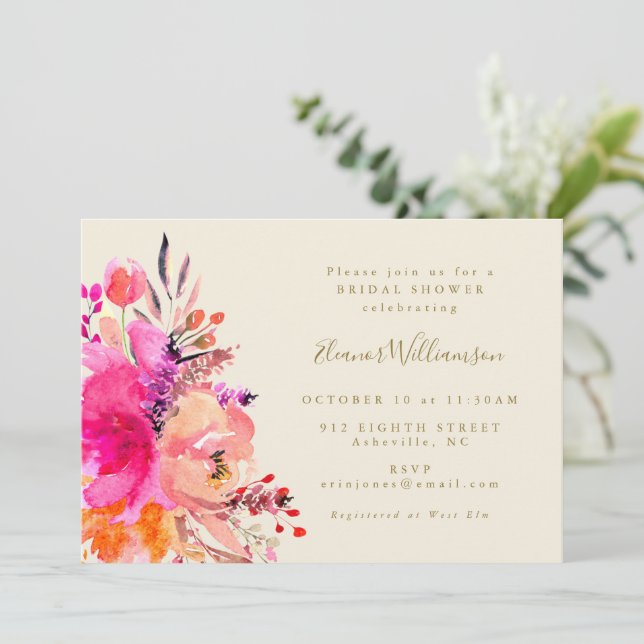 Pink Gold Watercolor Floral Simple Bridal Shower Invitation (Standing Front)