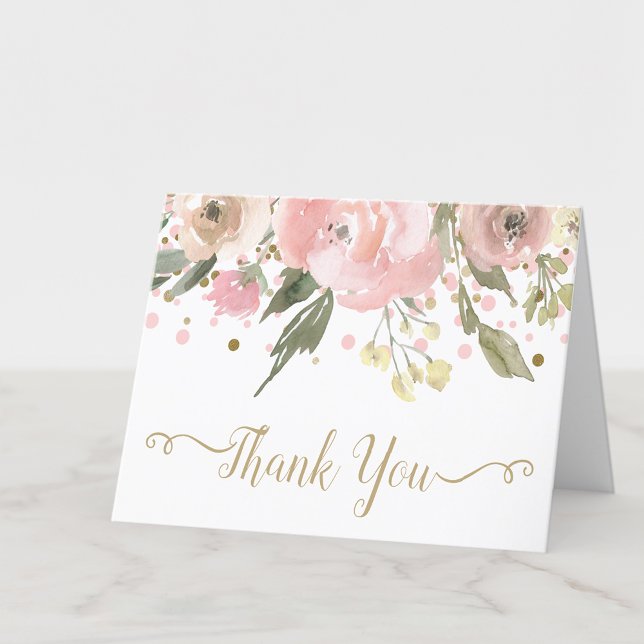 Pink Gold Watercolor Floral  Thank You Card (Pink & gold watercolor floral blank thank you notecard. Add your personal message, or leave blank.)