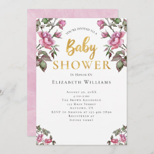 Pink Gold Watercolor Flowers Girl Baby Shower Invitation