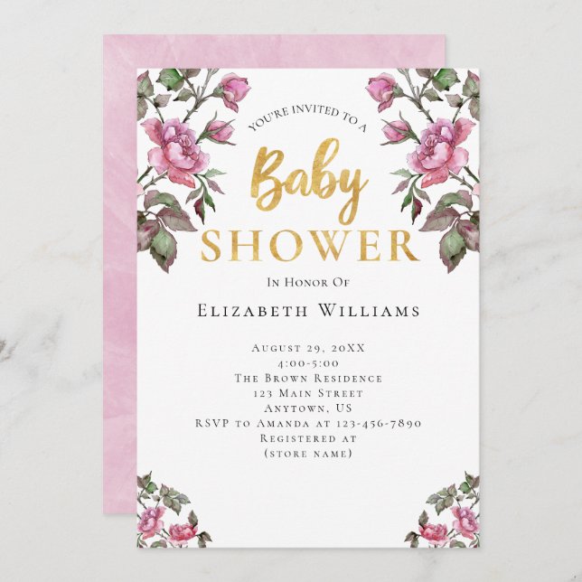 Pink Gold Watercolor Flowers Girl Baby Shower Invitation (Front/Back)