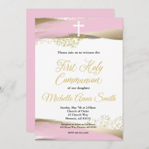 Pink Gold Watercolor Girl 1st First Holy Communion Invitation