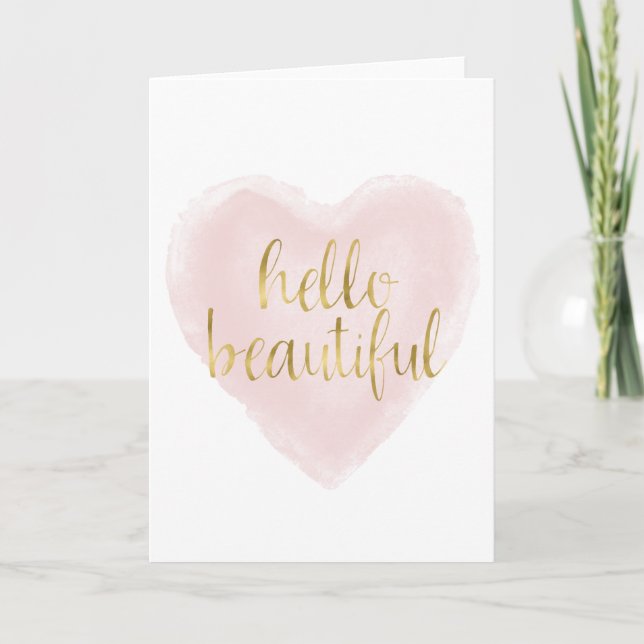 Pink Gold Watercolor Heart Hello Beautiful Card (Front)