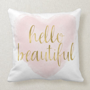 Pink Gold Watercolor Heart Hello Beautiful Cushion
