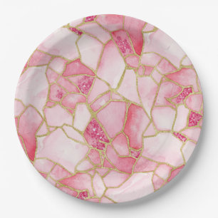 Pink Gold Watercolor Sea Glass Mosaic Pattern Paper Plate