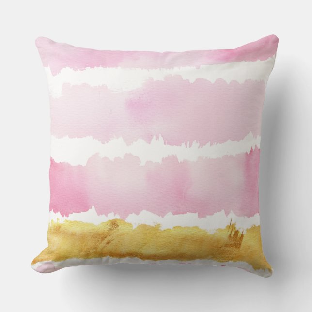 Pink & Gold Watercolor Striped Throw Pillow (Front)