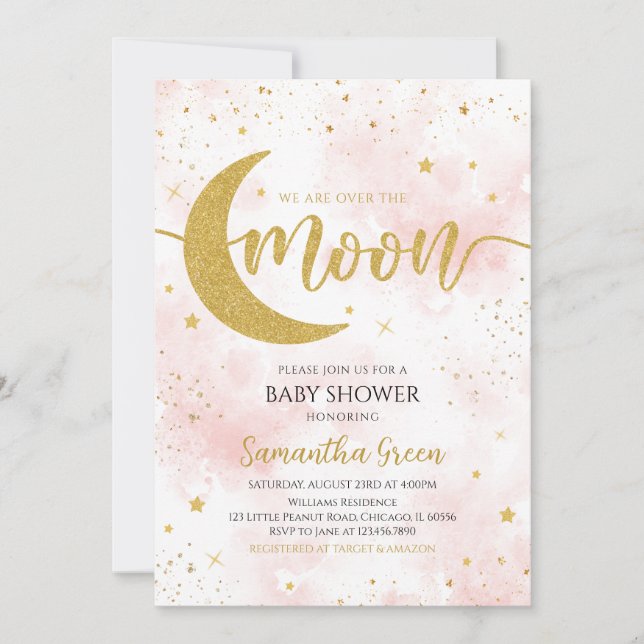Pink Gold We are Over the Moon Baby Shower Invitation (Front)