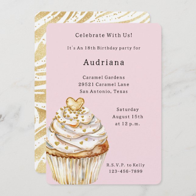 Pink Gold White Cream Heart Cupcake Birthday Invitation (Front/Back)