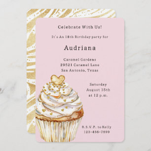 Pink Gold White Cream Heart Cupcake Birthday Invitation