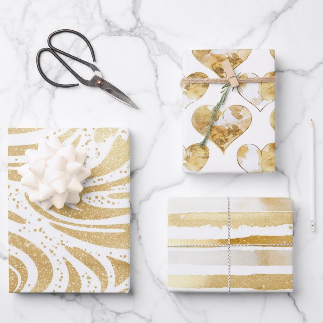 Pink Gold White Cream Heart Cupcake Birthday Wrapping Paper Sheet (Front)