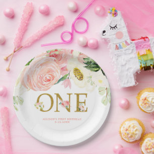 Pink gold white first 1st birthday cute floral paper plate