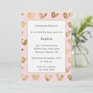 Pink Gold White Hearts Birthday Invitation