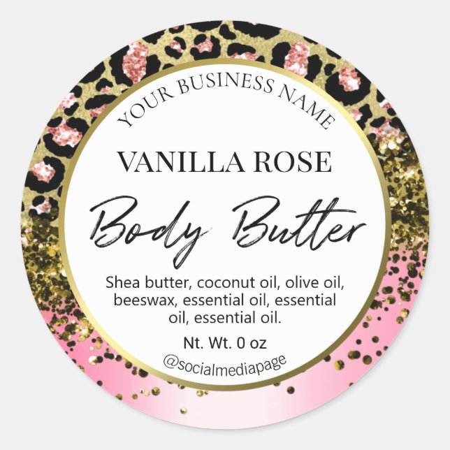 Pink Gold White Leopard Print Body Butter Labels (Front)