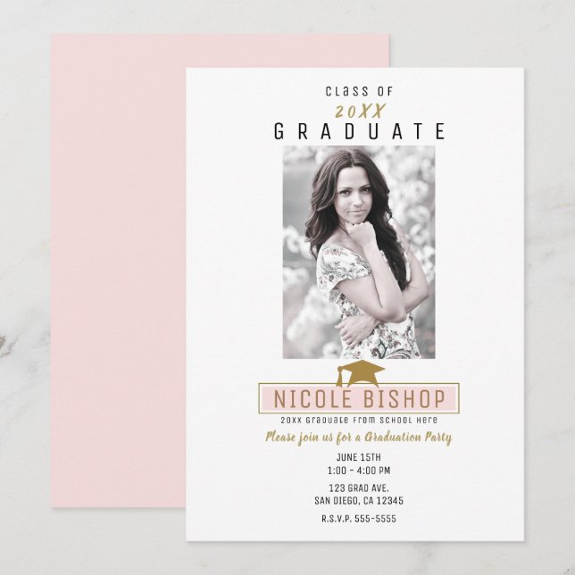 Pink Gold White Minimal Photo Graduation Party  Invitation (Front/Back)