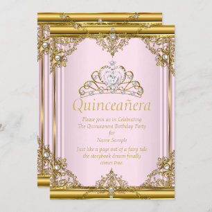 Pink Gold White Pearl Princess Quinceanera Blush Invitation