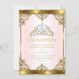 Pink Gold White Pearl Princess Quinceanera Invitation