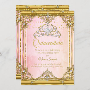 Pink Gold White Pearl Tiara Quinceanera Invite