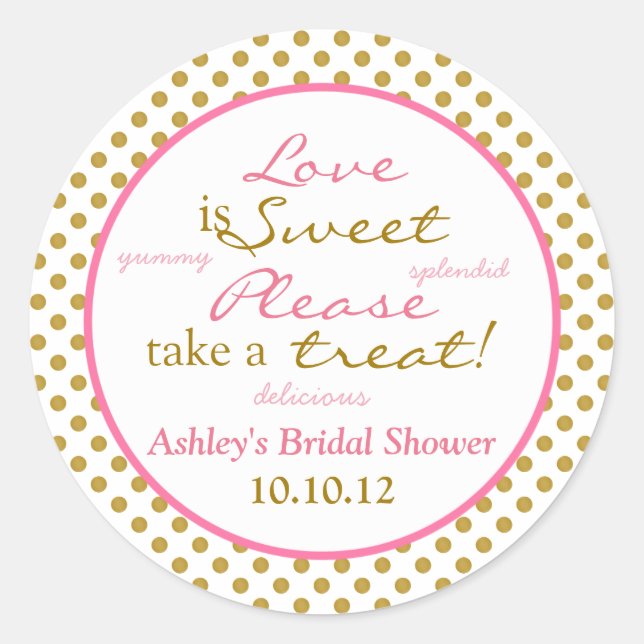 Pink Gold White Polka Dot Candy Buffet Stickers (Front)