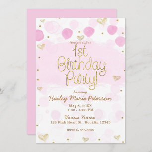 Pink Gold White Polka Dots & Hearts 1st Birthday Invitation