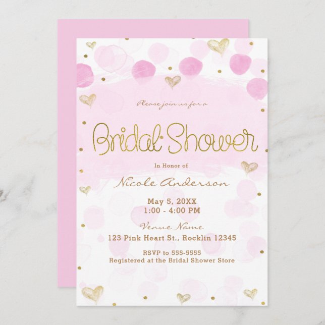Pink Gold White Polka Dots & Hearts Bridal Shower Invitation (Front/Back)