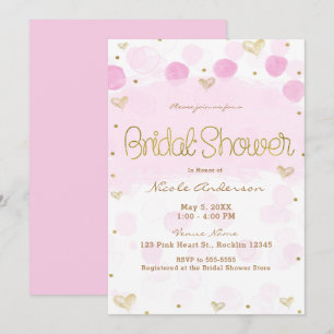 Pink Gold White Polka Dots & Hearts Bridal Shower Invitation