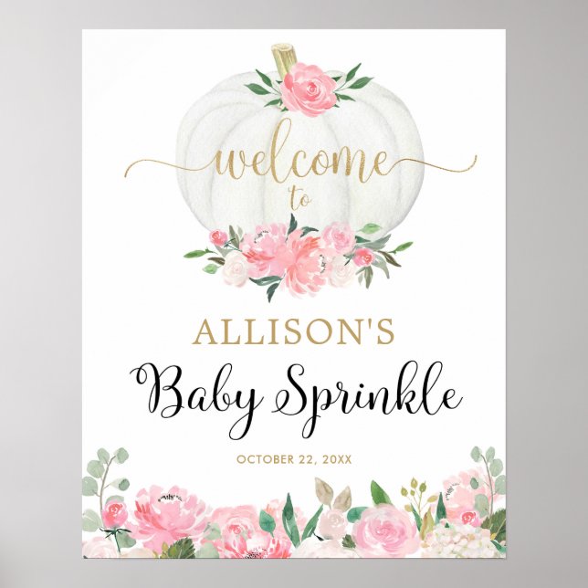 Pink gold white pumpkin baby sprinkle welcome sign (Front)