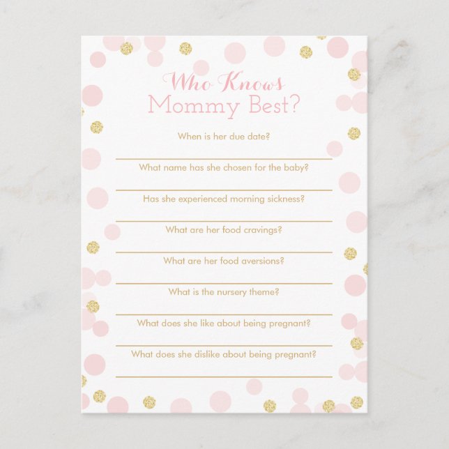 Pink Gold Who Knows Mummy Best Quiz Game Card (Front)