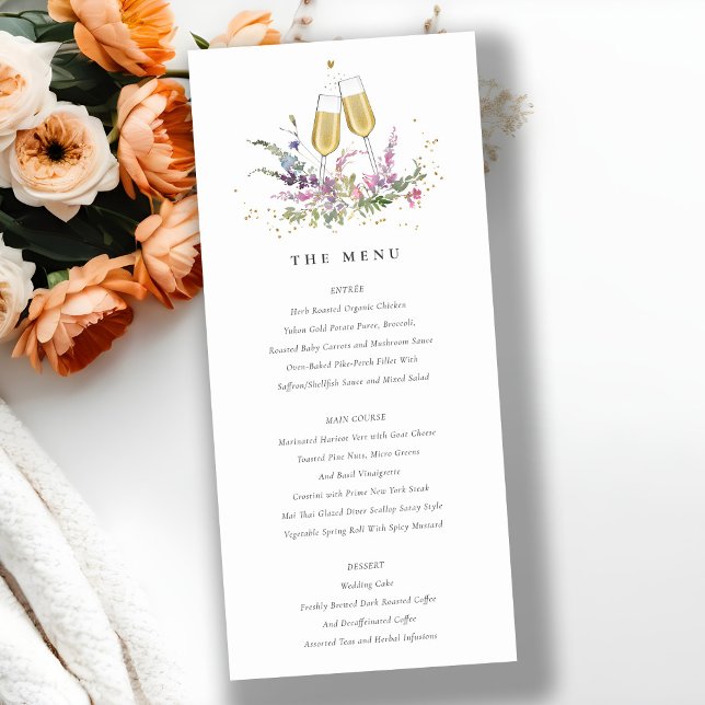 Pink Gold Wine Glasses Floral Wedding Menu Card (Creator Uploaded)