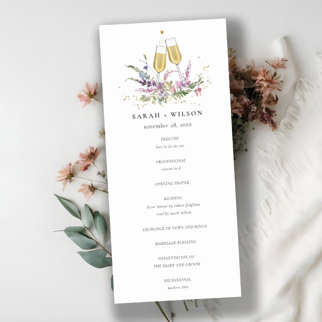 Pink Gold Wine Glasses Floral Wedding Program (Creator Uploaded)