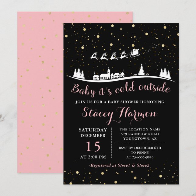 Pink Gold Winter Baby Its Cold Outside Baby Shower Invitation (Front/Back)