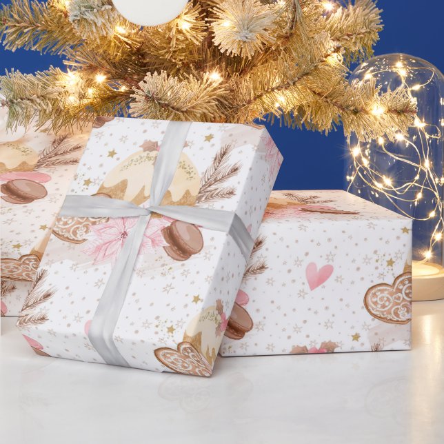 Pink & Gold Winter Dessert Christmas Pattern Wrapping Paper (Holidays)