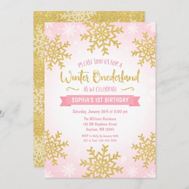 Pink Gold Winter ONEderland 1st Birthday Invitation (Front/Back)