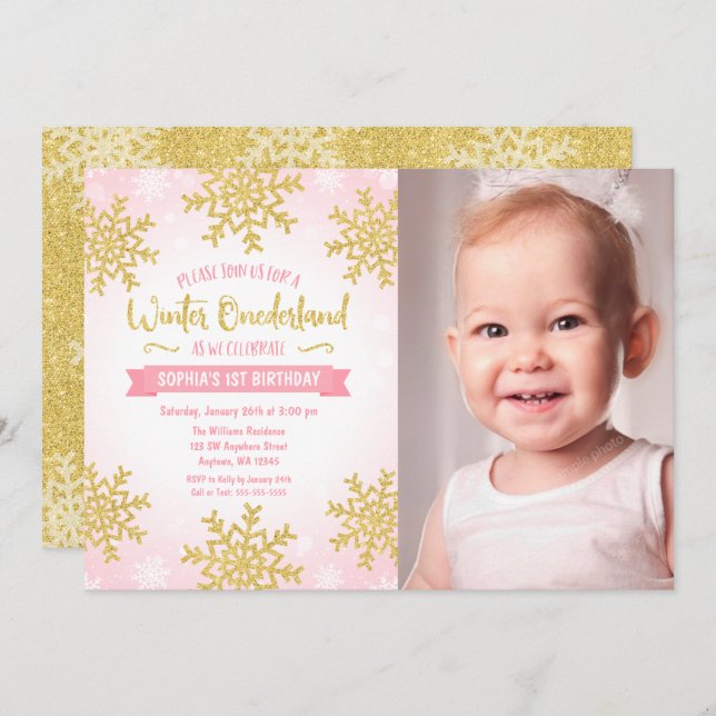 Pink Gold Winter ONEderland 1st Birthday Photo Invitation (Front/Back)