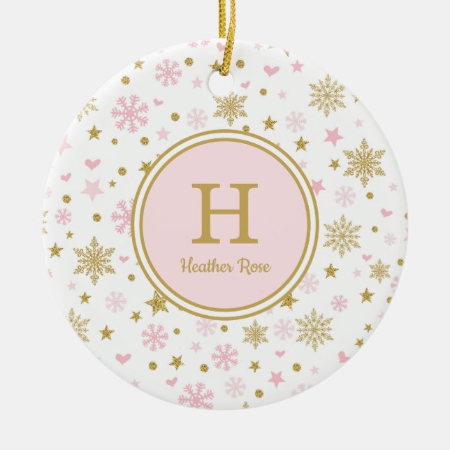 Pink Gold Winter Onederland Birthday Party Favors Ceramic Ornament (Front)