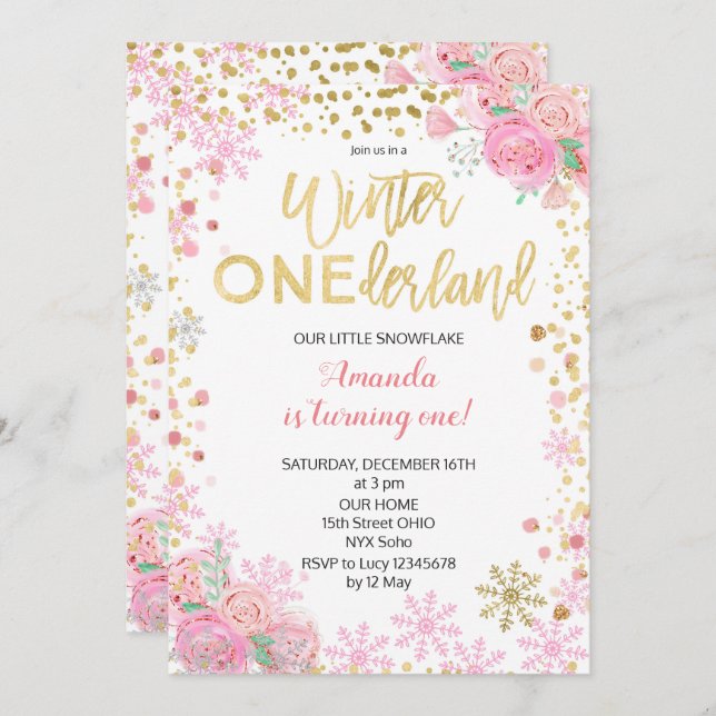 Pink Gold Winter ONEderland Snow Birthday Invite (Front/Back)