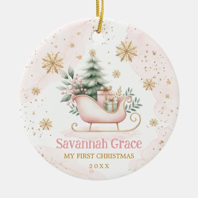 Pink Gold Winter Sleigh Baby Girl 1st Christmas Ceramic Ornament (Front)