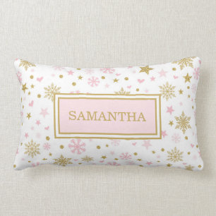 Pink Gold Winter Snowflakes Baby Girl Nursery Gift Lumbar Cushion